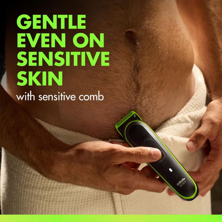 Person using a grooming tool on their stomach with text highlighting its gentleness on sensitive skin.