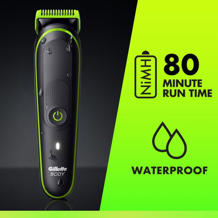 Gilette body grooming tool with green accents on a black and green background
