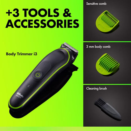 Gillette body trimmer i3 shown with three included accessories: a sensitive comb, a 3 mm body comb, and a cleaning brush. The main product is a black and neon green electric body trimmer on a bright green background, with accessory thumbnails on the right and large promotional text at the top.