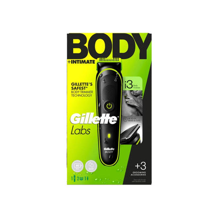 Gillette Labs BODY Intimate + Intimate electric shaver in its retail packaging, featuring a black shaver with green accents on a bright lime green and black box.