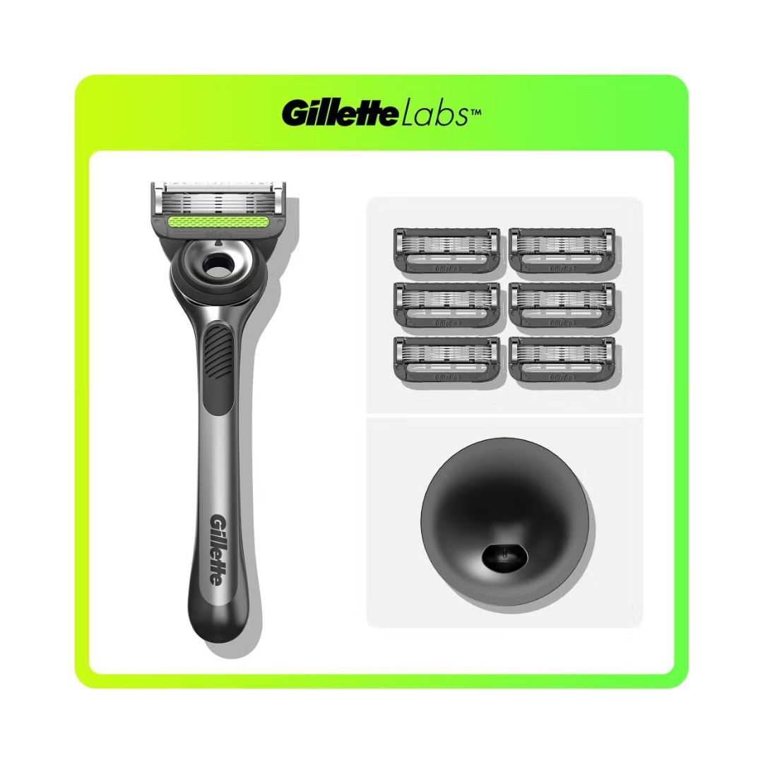 Gillette Labs Razor Silver Edition Value Pack contents on a white background with a green border
