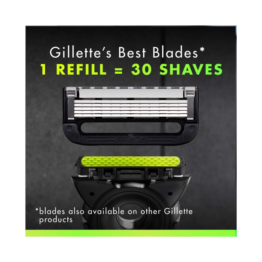 Gillette Labs Razor closep image with the caption '1 REFILL = 30 SHAVES' on a charcoal background