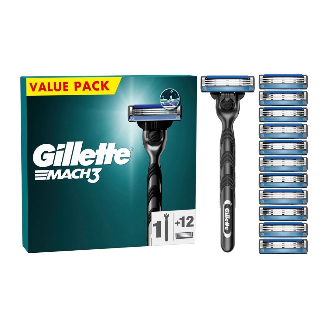Gillette Mach3 Value Pack Razor Handle + 12 Blade Cartridges on a white background