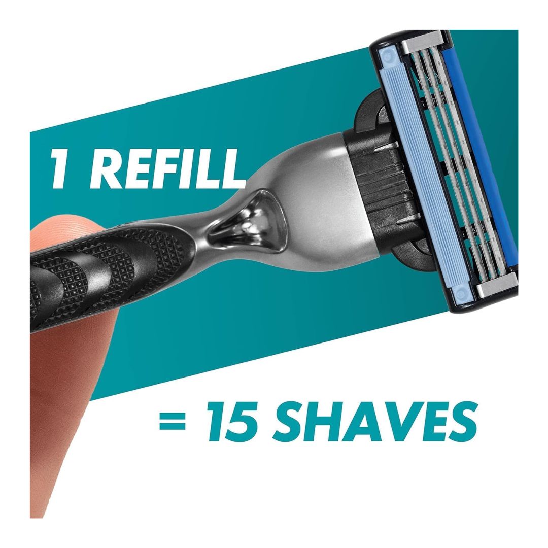 Gillette Mach3 Value Pack Razor '1 REFILL = 15 SHAVES' graphic on a green and white background