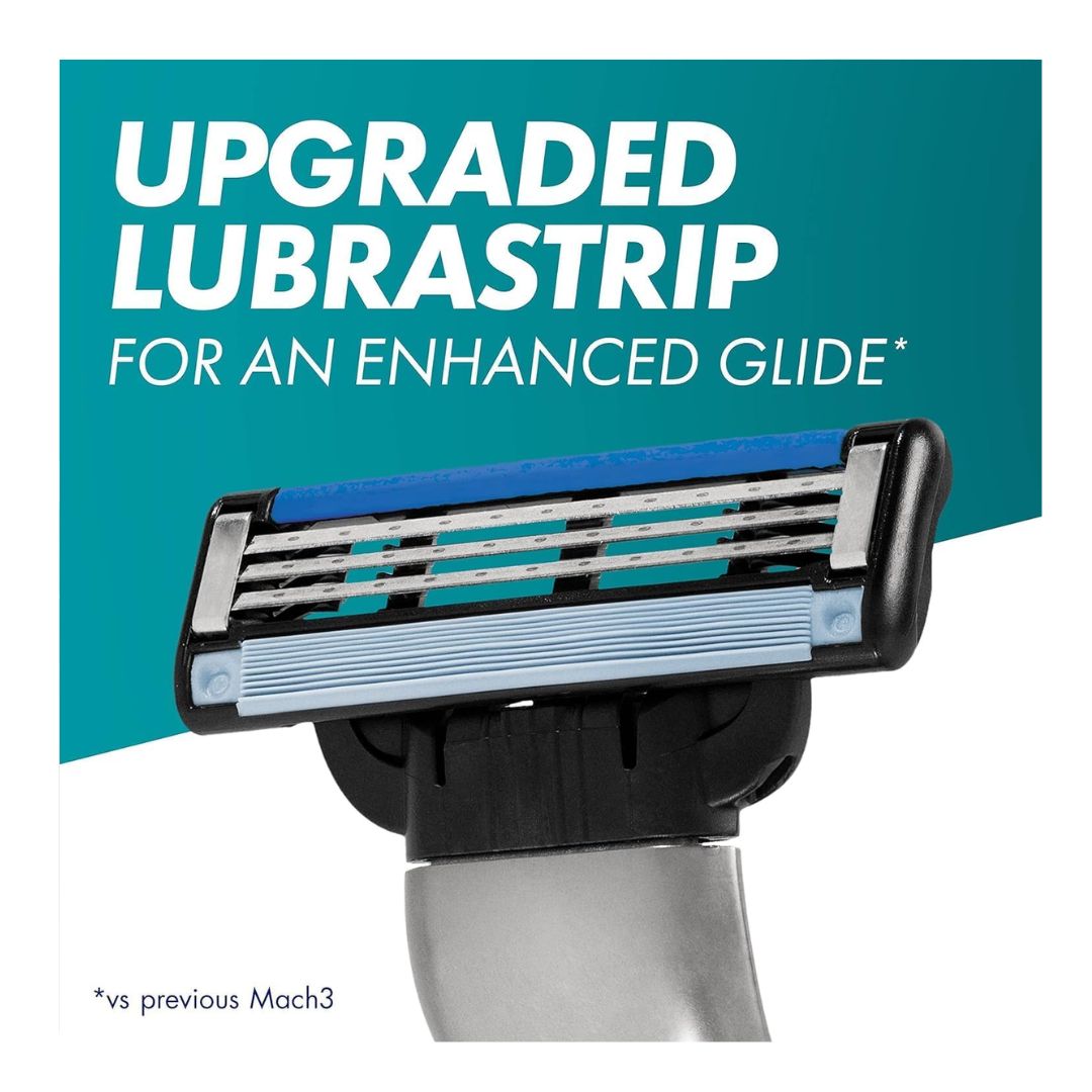 Gillette Mach3 Value Pack Razor Handle 'UPGRADED LUBRASTRIP' graphic on a blue and white background