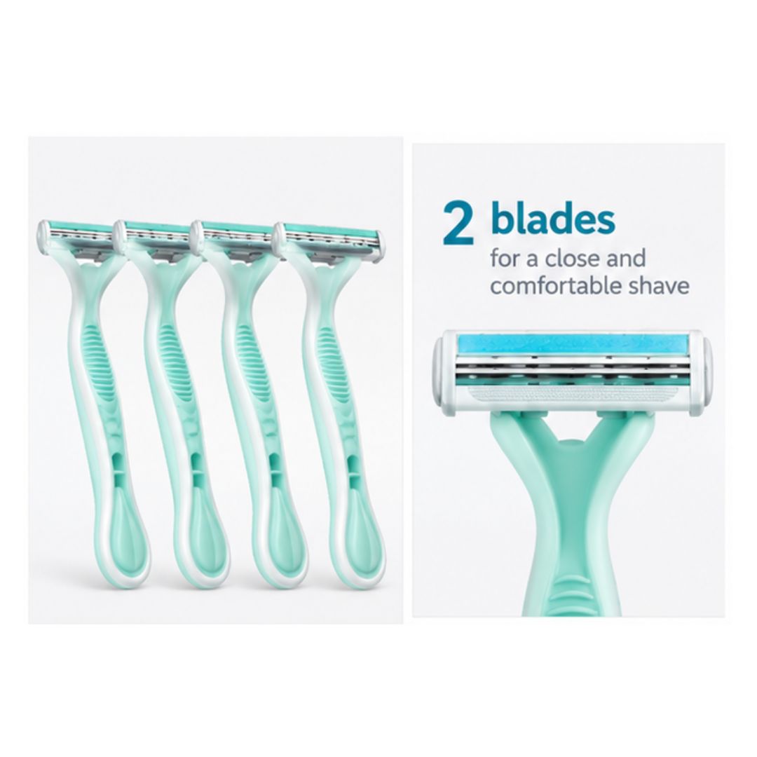 Gillette Venus Simply Smooth Disposable Razors 4 pack on a green background with another image of the razor head with the caption '2 blades for a close and comfortable shave'
