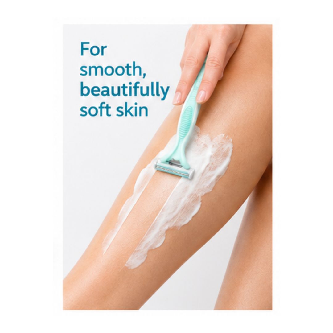 Gillette Venus Simply Smooth Disposable Razor being used to shave a womans leg with the caption 'For smooth, beautifully soft skin'