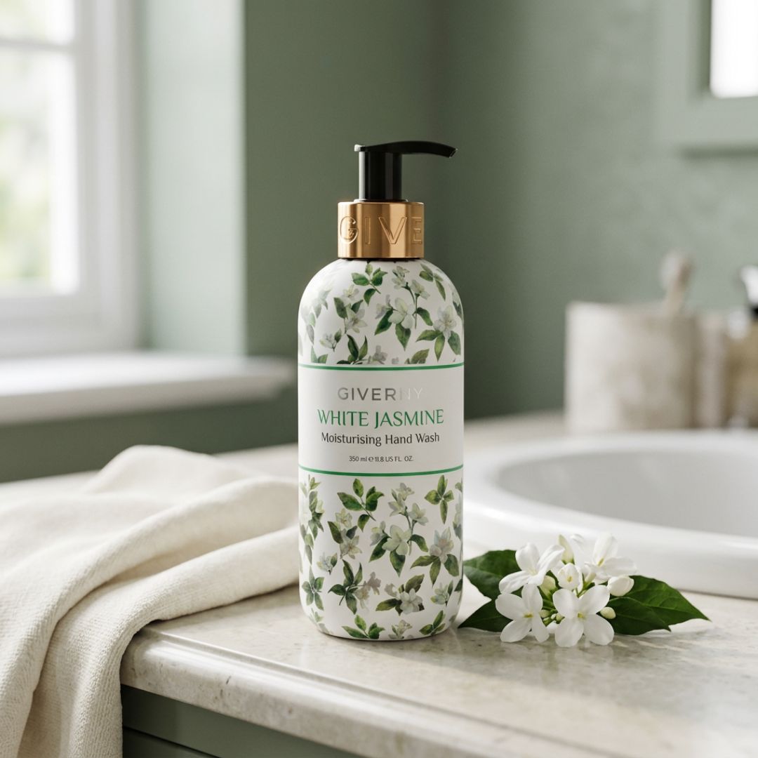 Giverny White Jasmine Moisturising Hand Wash 350ml on a bathroom background