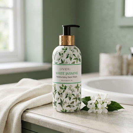 Giverny White Jasmine Moisturising Hand Wash 350ml on a bathroom background