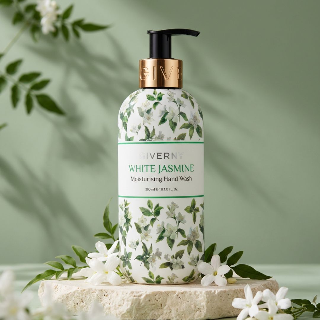 Giverny White Jasmine Moisturising Hand Wash 350ml on a floral background