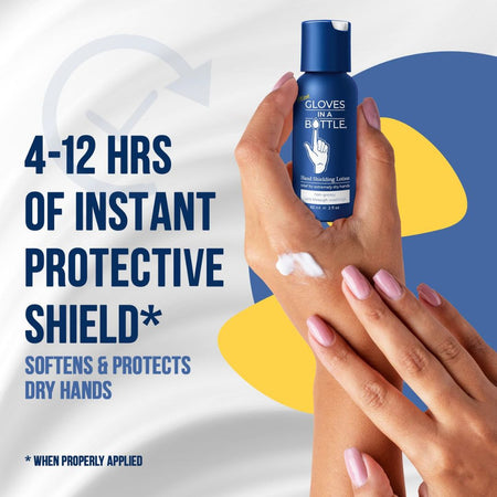 Hand holding a bottle of gloves in a bottle hand lotion with text about its protective shield properties.