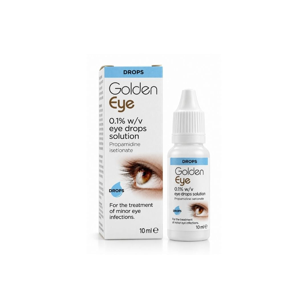 Golden Eye 0.1% w/v Eye Drops packaging and bottle on a white background