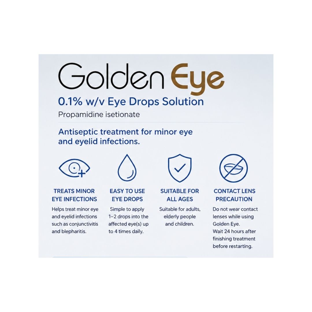 Golden Eye 0.1% w/v Eye Drops product information graphic on a white background