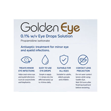 Golden Eye 0.1% w/v Eye Drops product information graphic on a white background