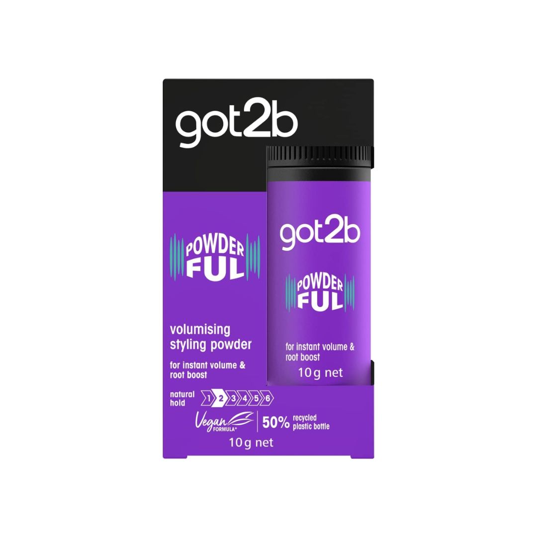 got2b POWDERFUL volumising styling powder in a purple stick container with its black and purple retail box, shown on a plain white background.