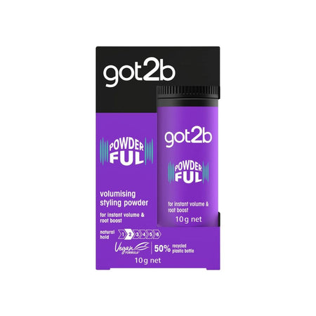 got2b POWDERFUL volumising styling powder in a purple stick container with its black and purple retail box, shown on a plain white background.