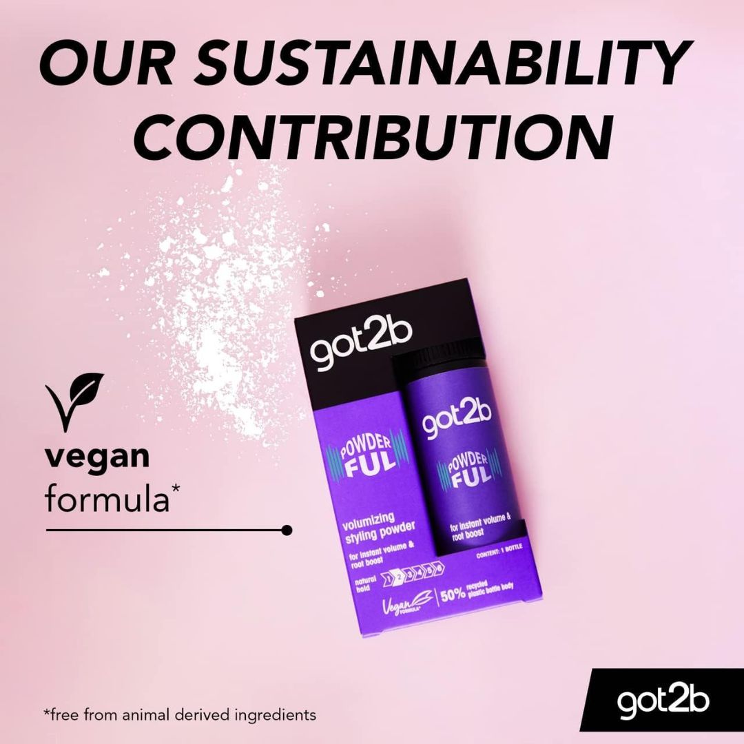 got2b Powder Ful products with sustainability text on a pink background