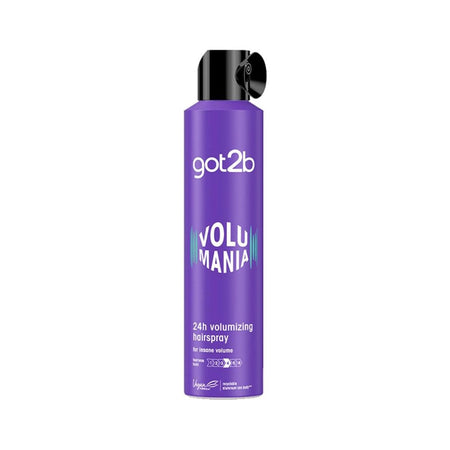 A purple aerosol can of got2b Volumania hairspray with a black spray nozzle cap, shown on a plain white background.