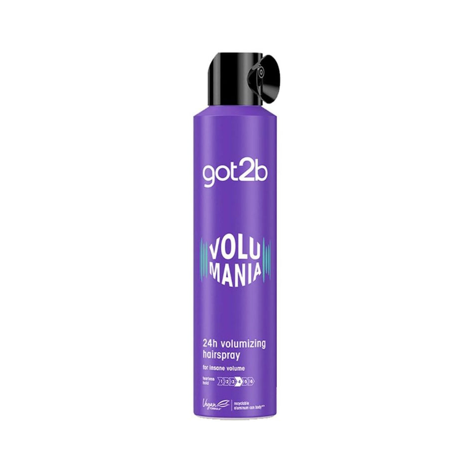 A purple aerosol can of got2b Volumania hairspray with a black spray nozzle cap, shown on a plain white background.