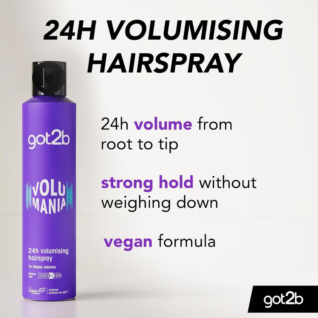 Purple bottle of got2b Volumising Hairspray with text on a white background