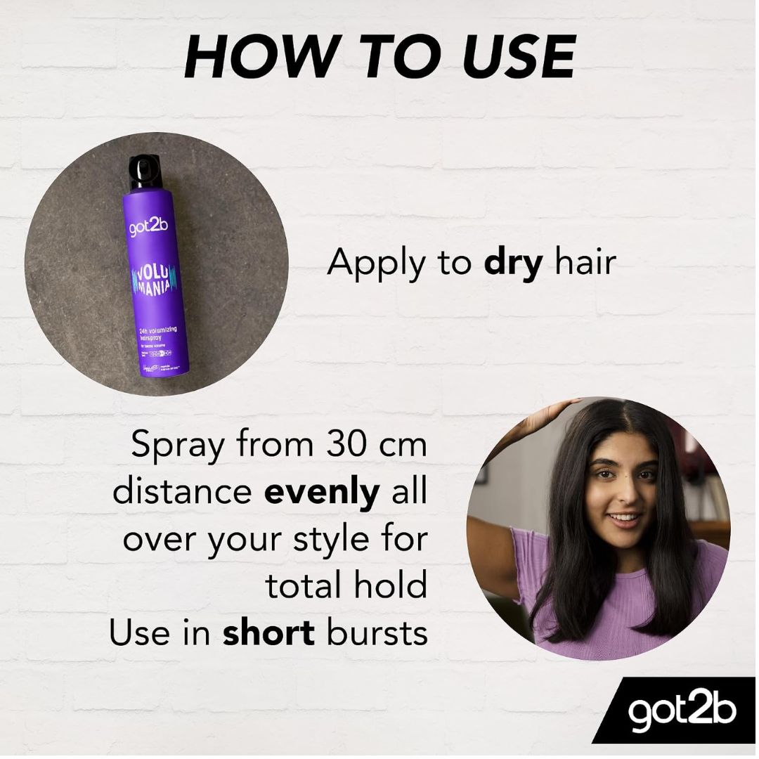 Instructional graphic titled 'HOW TO USE' showing a purple got2b Volumi Whip hair spray bottle, text instructions to apply to dry hair, spray from 30 cm distance, and a circular photo of a woman with styled hair on a white brick background.