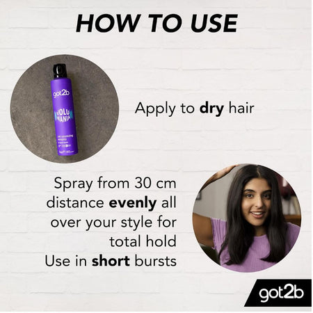 Instructional graphic titled 'HOW TO USE' showing a purple got2b Volumi Whip hair spray bottle, text instructions to apply to dry hair, spray from 30 cm distance, and a circular photo of a woman with styled hair on a white brick background.