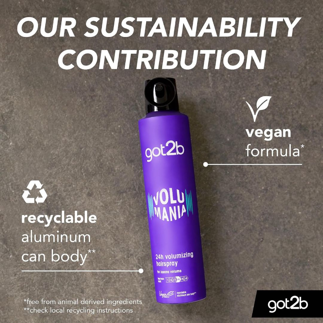 got2b volumizing hairspray can with sustainability features on a gray background