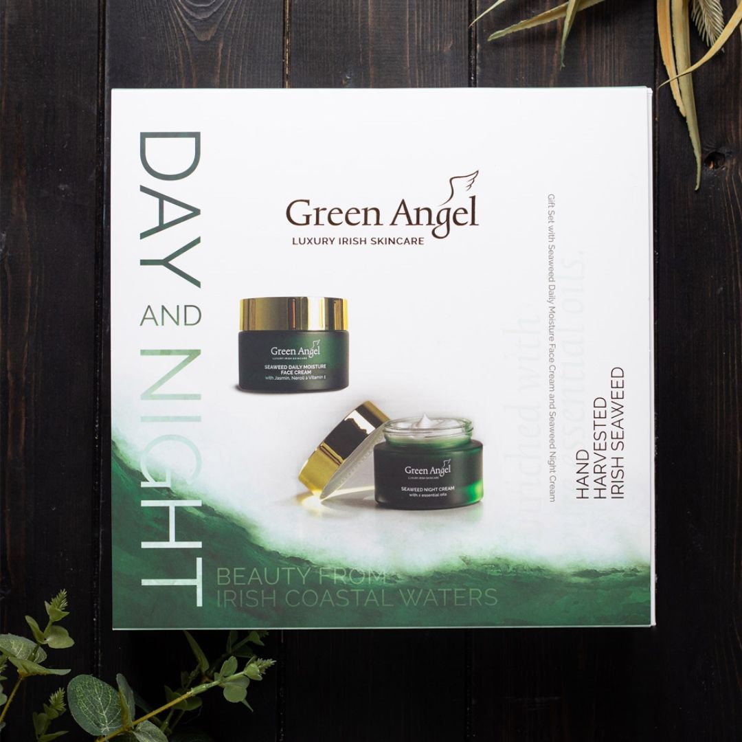 Green Angel Day & Night Gift Set packaging on a wooden floorboard background