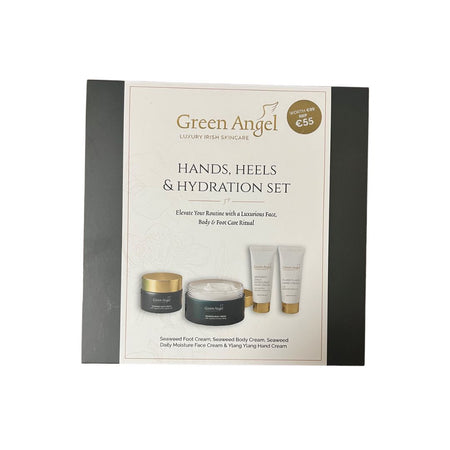 Green Angel Hands, Heels & Hydration Gift Set box on a white background