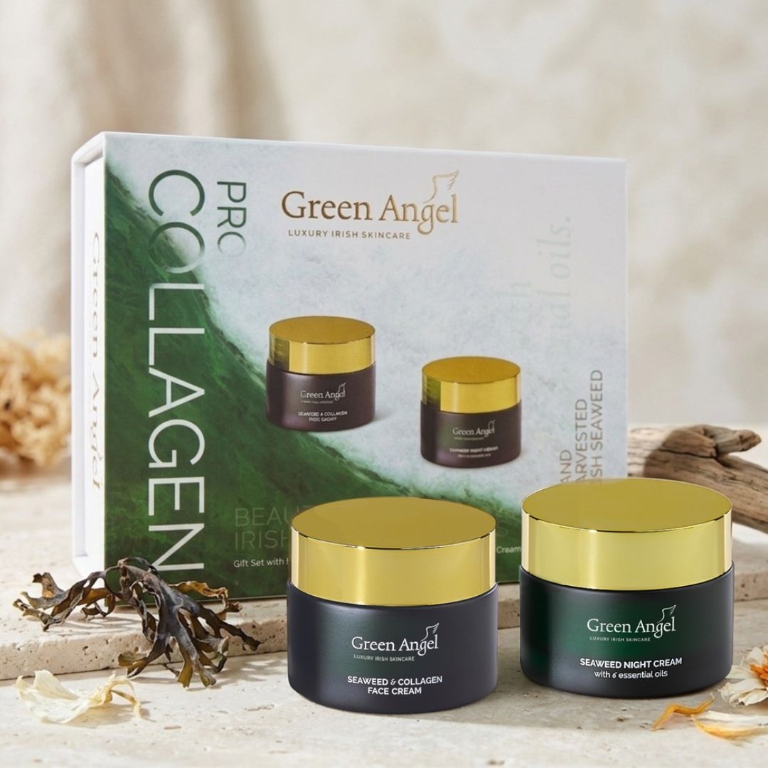 Green Angel Pro-Collagen Gift Set and contents on a marble