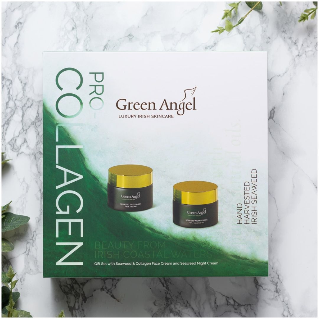 Green Angel Pro-Collagen Gift Set on a marble background
