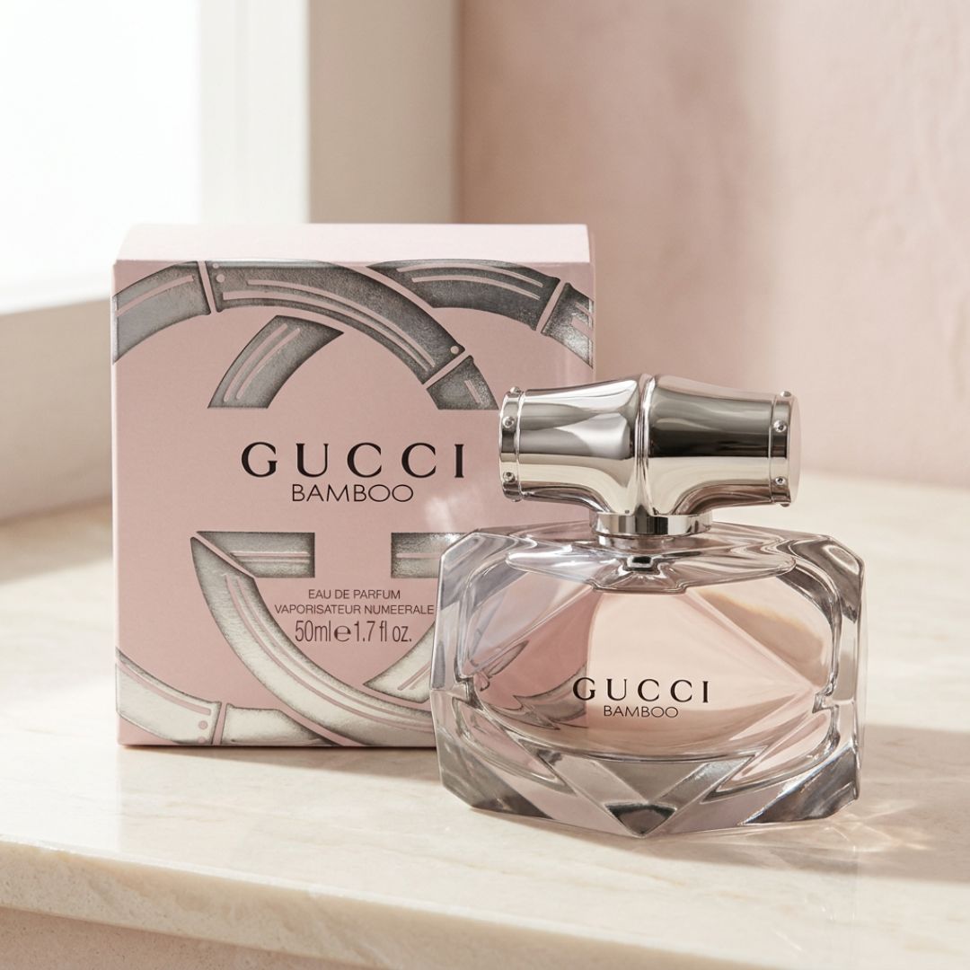 Gucci Bamboo Eau de Parfum 50ml on a marble background