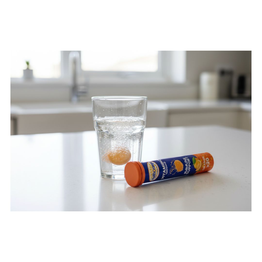 HalibOrange Effervescent Vitamin C Tablets on a kitchen top and dissolving
