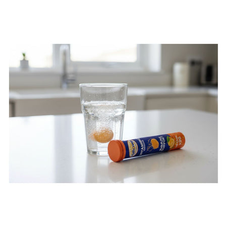 HalibOrange Effervescent Vitamin C Tablets on a kitchen top and dissolving