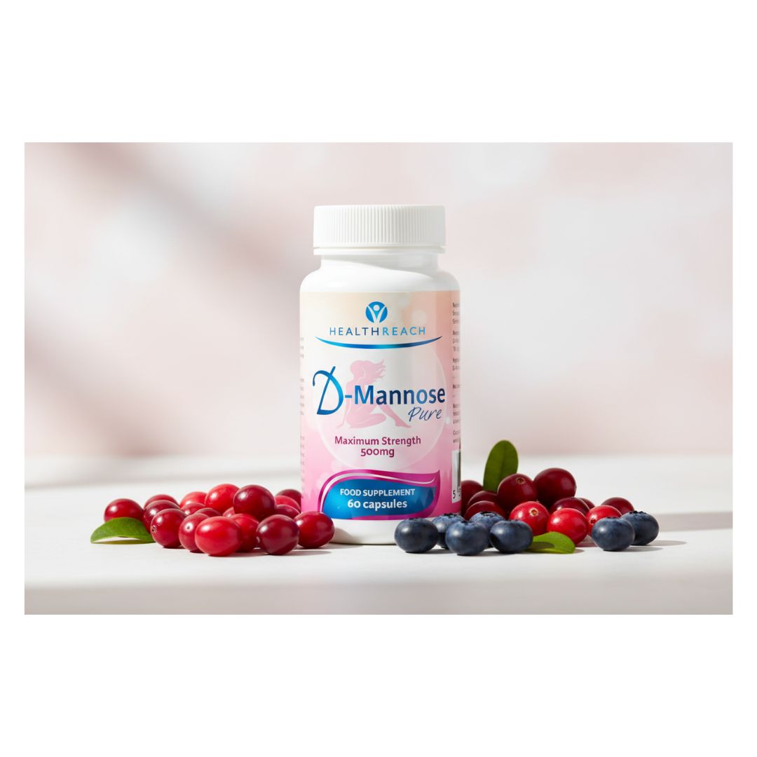 Healthreach D-Mannose 500mg 60 Capsules container surrounded by cranberries