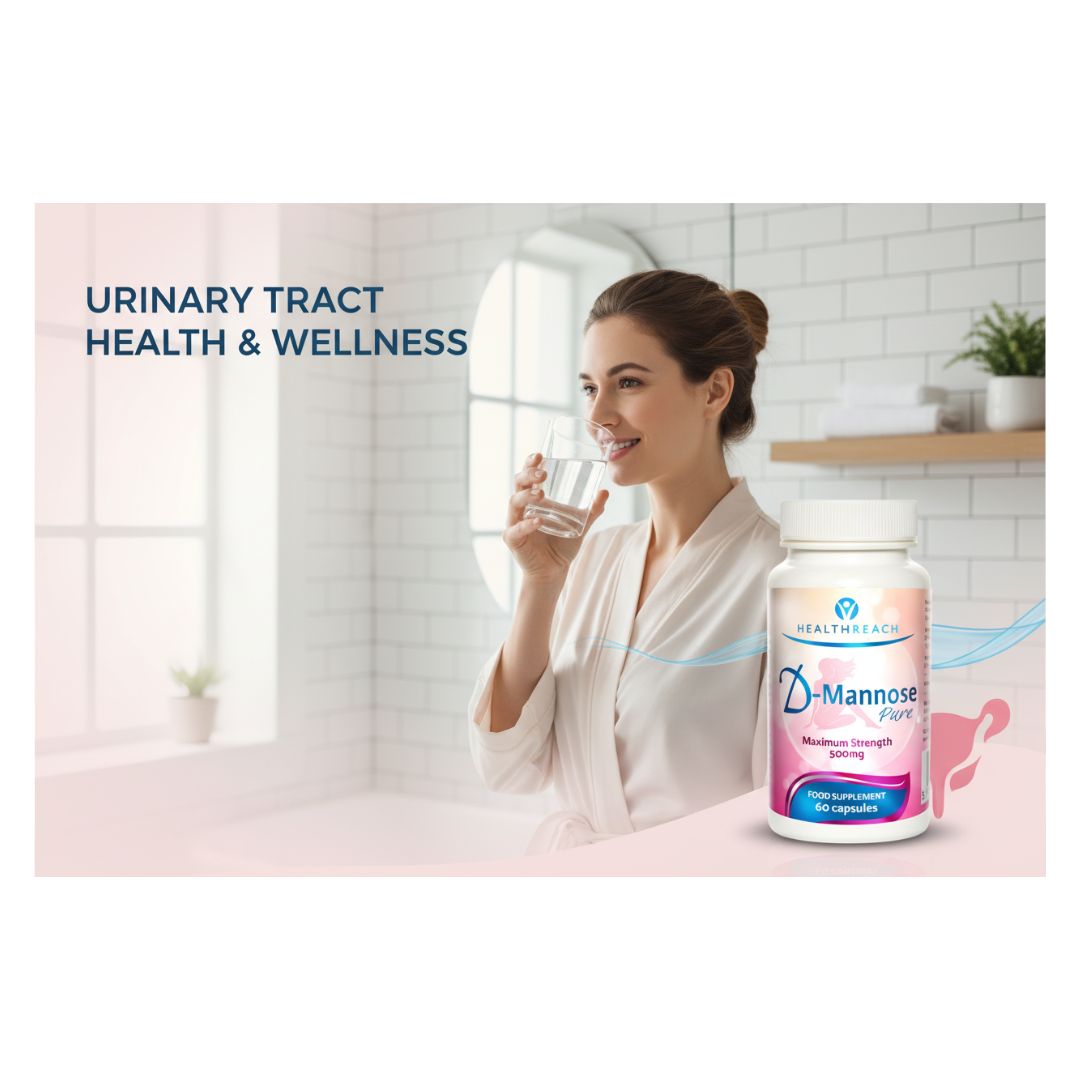 Healthreach D-Mannose 500mg 60 Capsules being consumed by a woman in a bath robe
