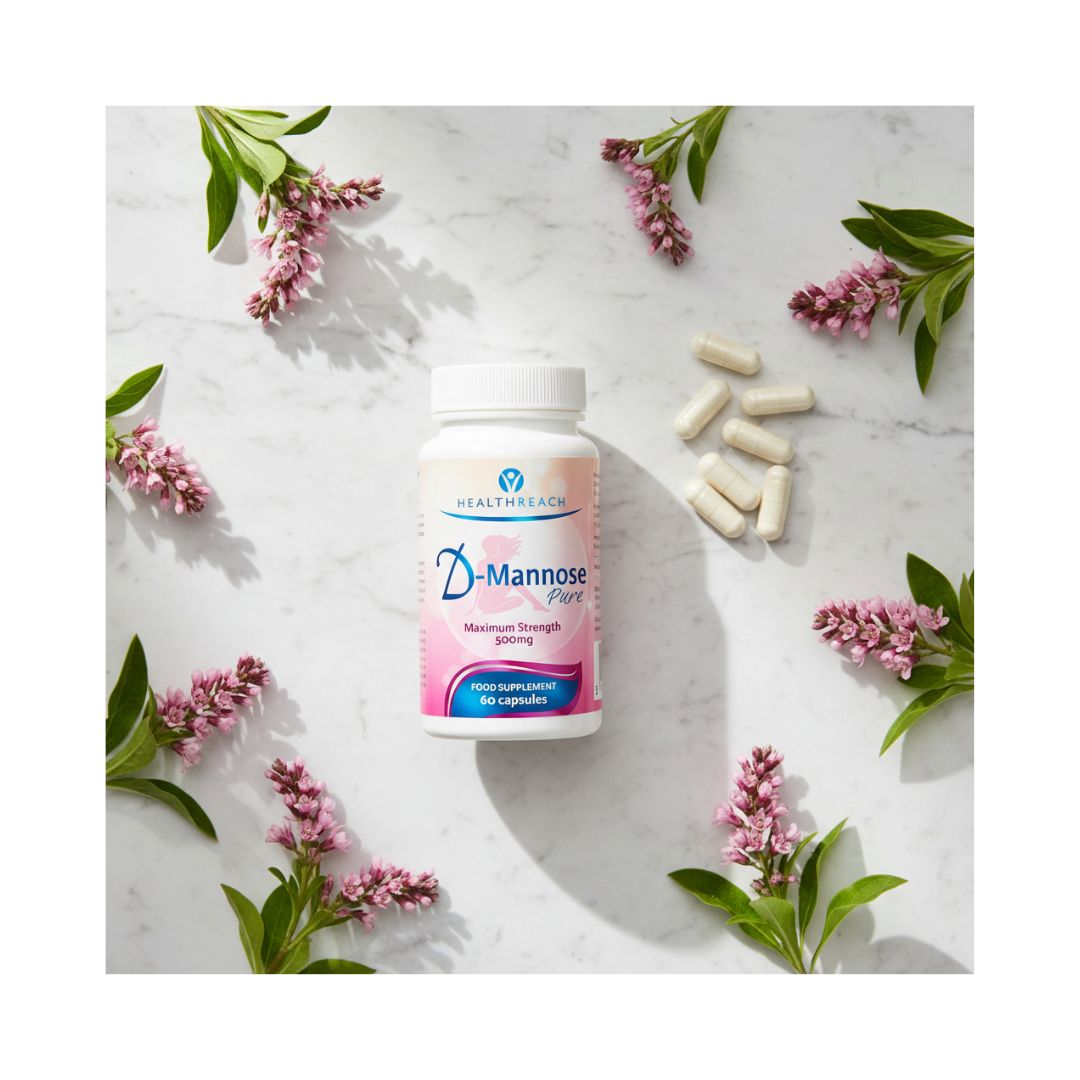 Healthreach D-Mannose 500mg 60 Capsules surrounded by lavender 