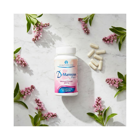 Healthreach D-Mannose 500mg 60 Capsules surrounded by lavender 