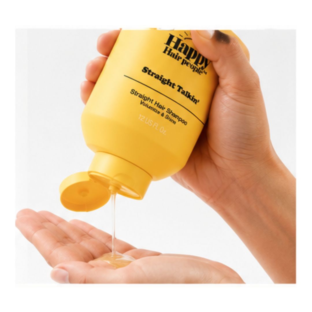 Happy Hair People Straight Talkin' Shampoo 355ml being poured onto a persons hand