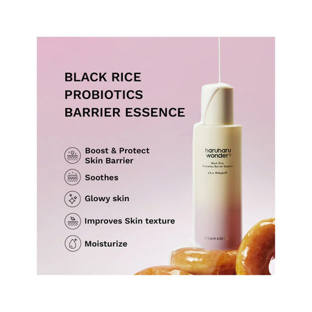 A bottle of harunaru wonder Black Rice Probiotics Barrier Essence on a soft pink background, with text listing benefits such as boosting skin barrier, soothing, glowing skin, improving skin texture, and moisturizing. Donut imagery appears at the bottom right.