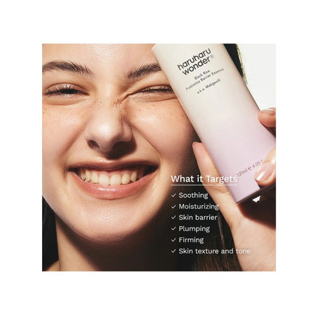 A close-up of a smiling woman holding a Harunaru Wonder Silk Hyalu Repair Balm tube next to a text overlay detailing the product's soothing, moisturizing, and firming benefits.