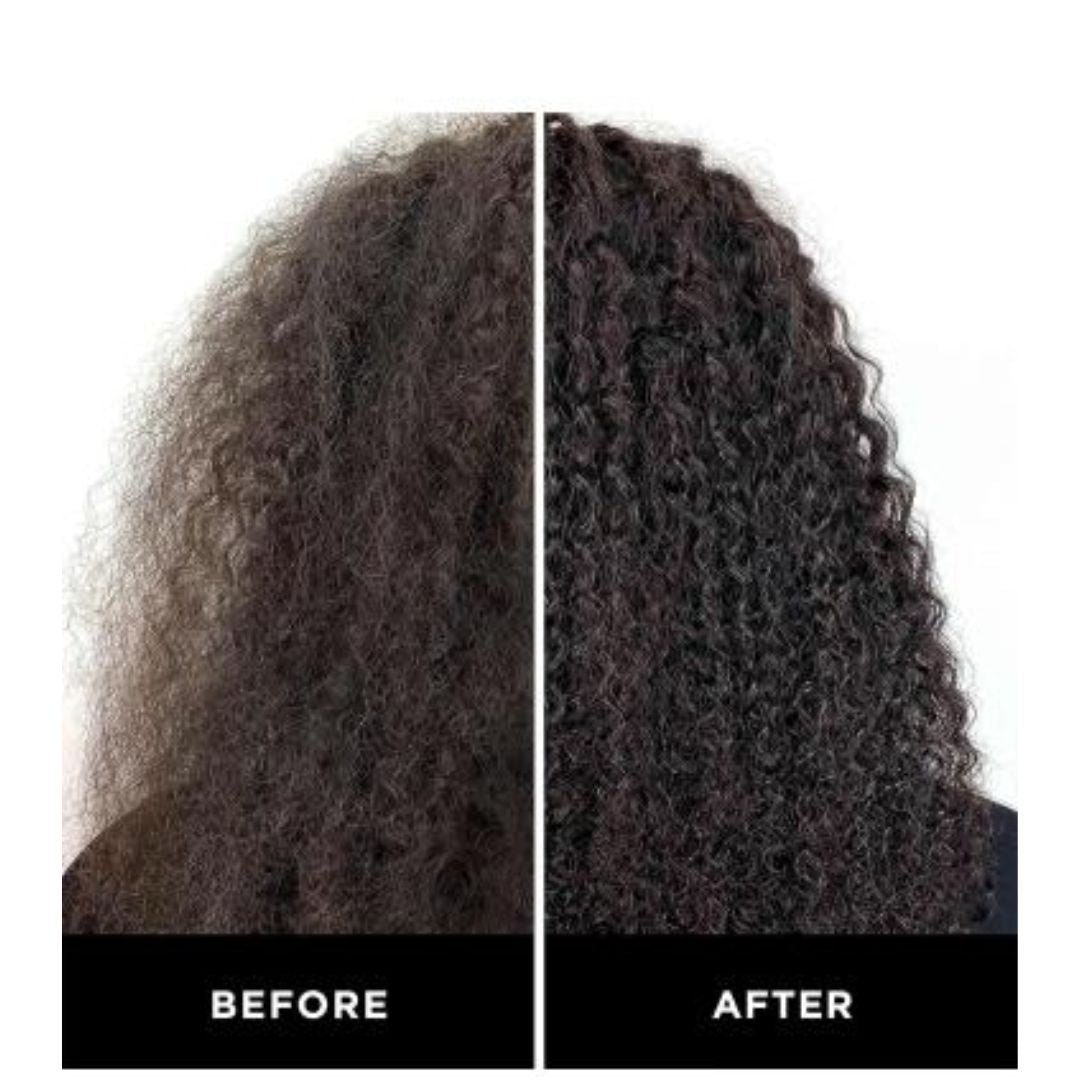 Before and after comparison of curly hair, showing frizzy, dry-looking hair on the left labeled BEFORE, and shiny, defined curly hair on the right labeled AFTER, on a white background with black bars at the bottom.