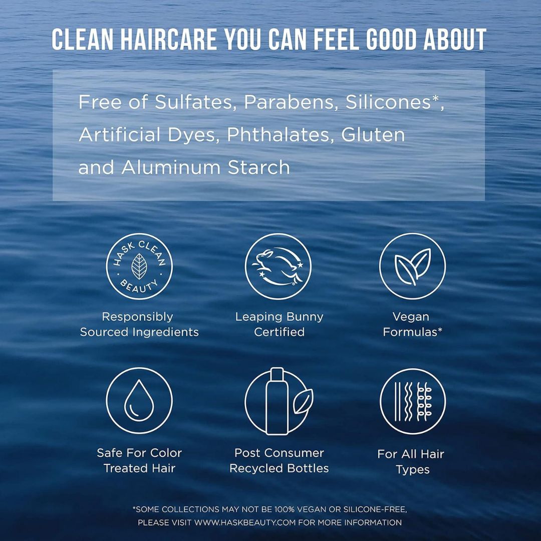 Clean haircare product label with icons and text on a blue water background