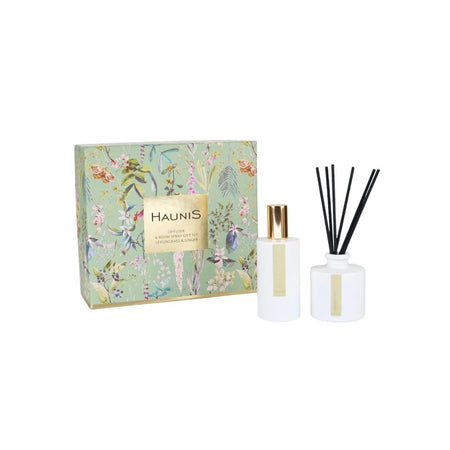 Haunis Lemongrass & Ginger Diffuser & Room Spray Gift Set on a white background