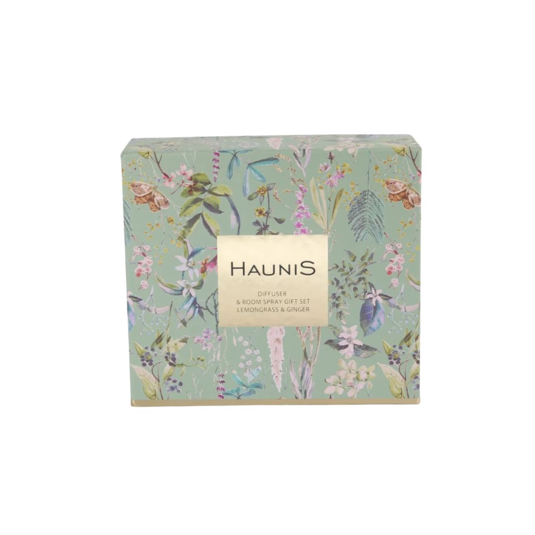 Haunis Lemongrass & Ginger Diffuser & Room Spray Gift Set on a white background