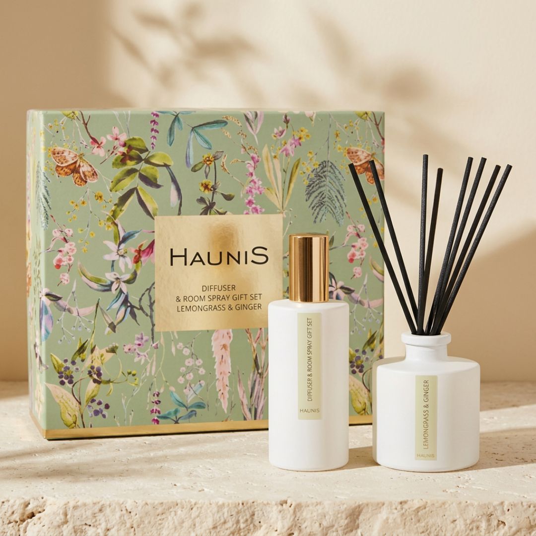Haunis Lemongrass & Ginger Diffuser & Room Spray Gift Set on a stone slab