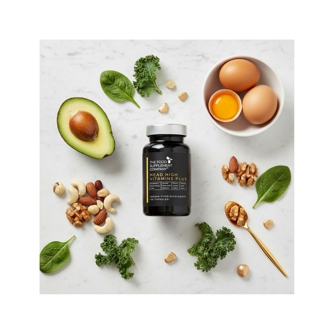FSC Head High Vitamins Plus Capsules surrounded by multiple nutrirtious foods