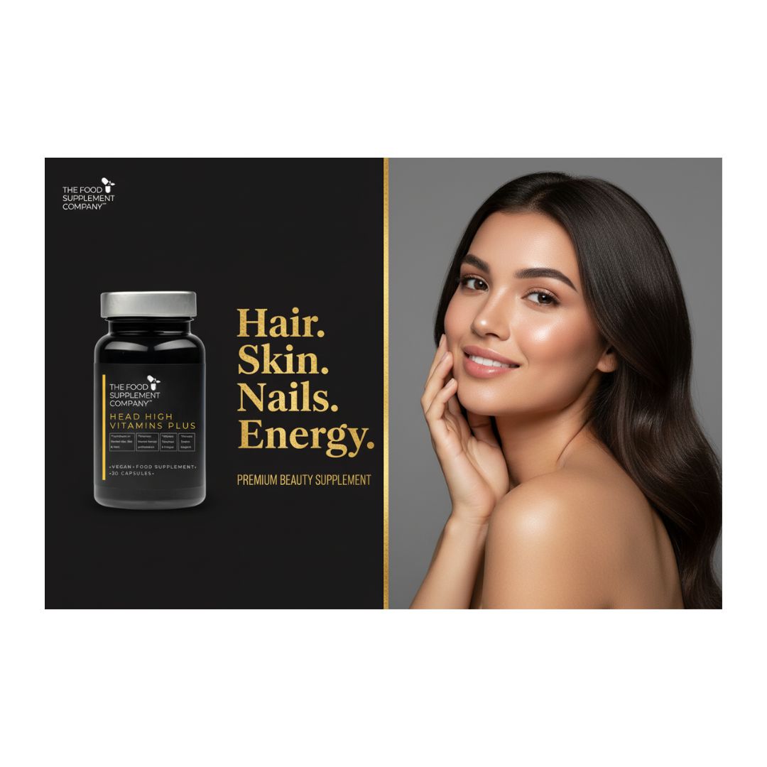 FSC Head High Vitamins Plus Capsules graphic depicting the products focus and a woman on the right hand side