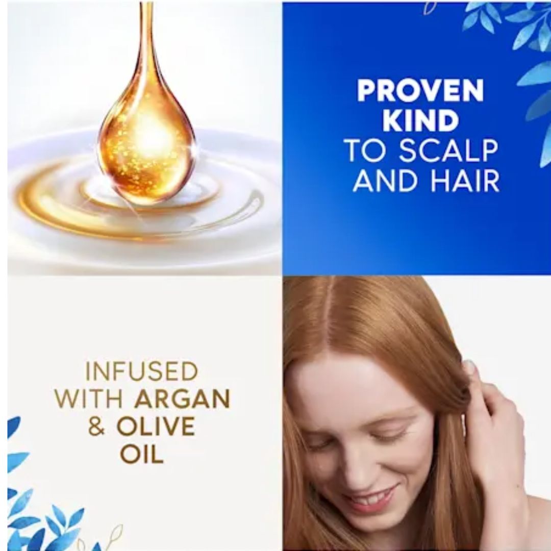 A four-panel promotional graphic for a hair scalp treatment. The top-left panel shows a golden oil droplet dripping into a white surface.