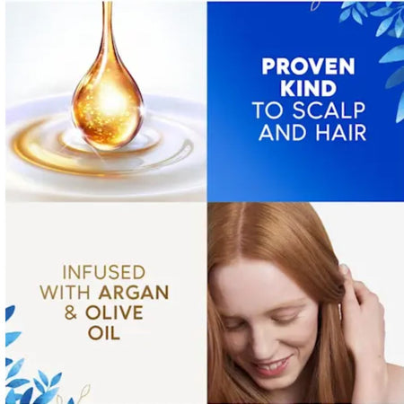 A four-panel promotional graphic for a hair scalp treatment. The top-left panel shows a golden oil droplet dripping into a white surface.